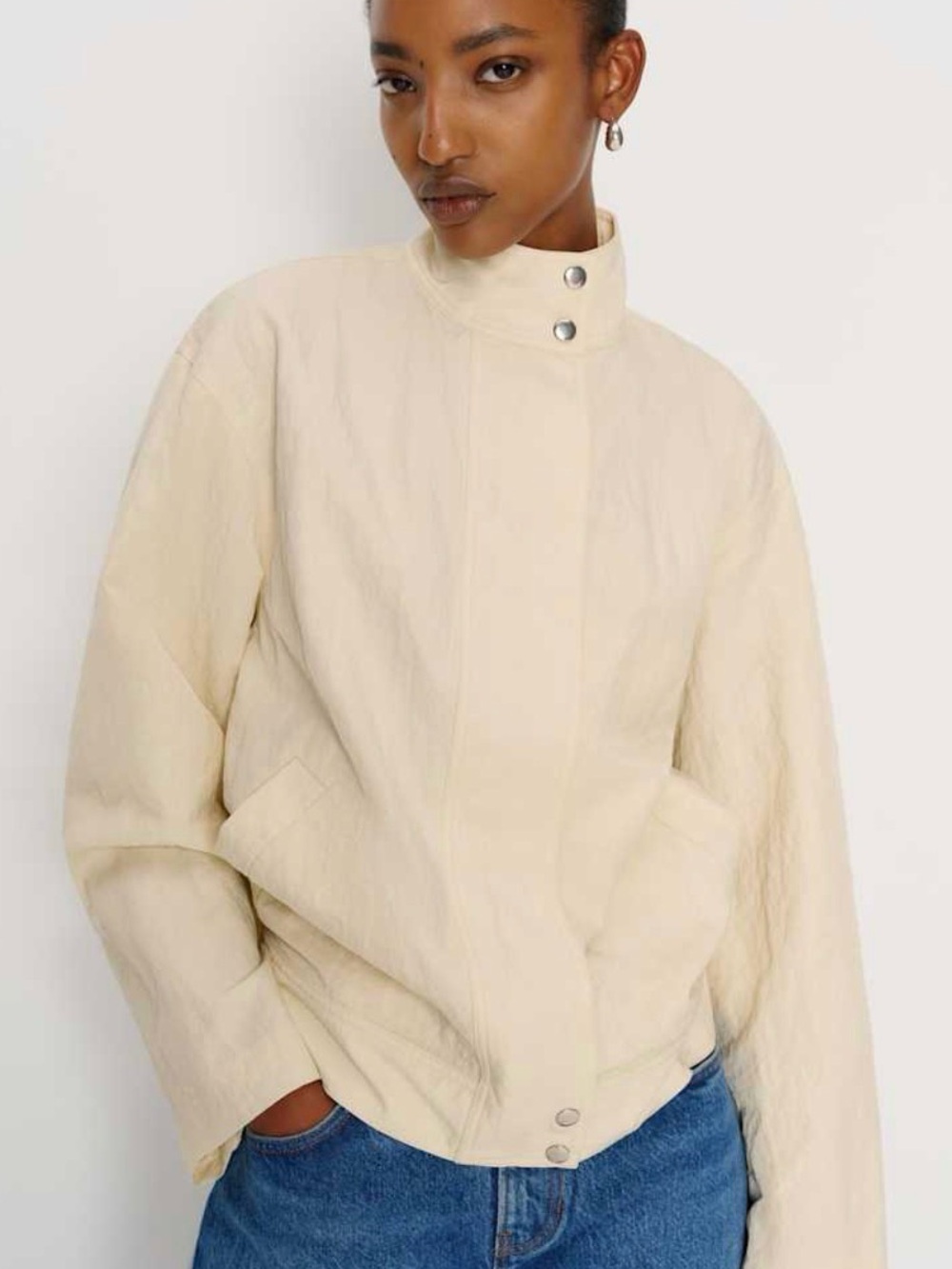 Reformation Noah High Neck Crinkle Nylon Jacket in Ivory Sz L NWT!